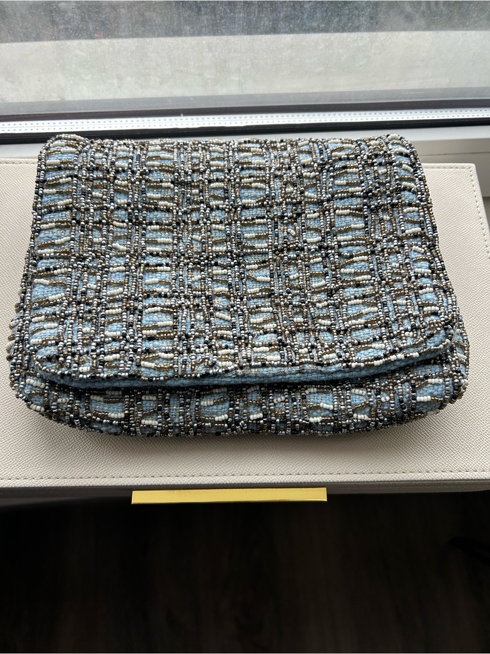 ZARA Beaded Tweed Clutch Bag in Light Blue and Black